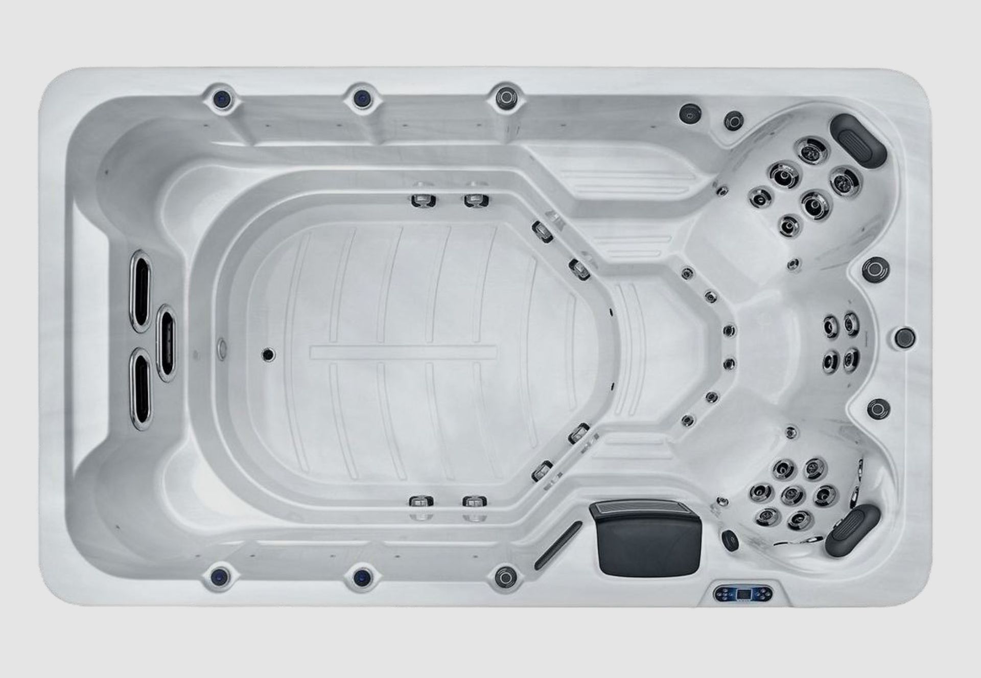 White rectangular hot tub with various seating areas and jet configurations.