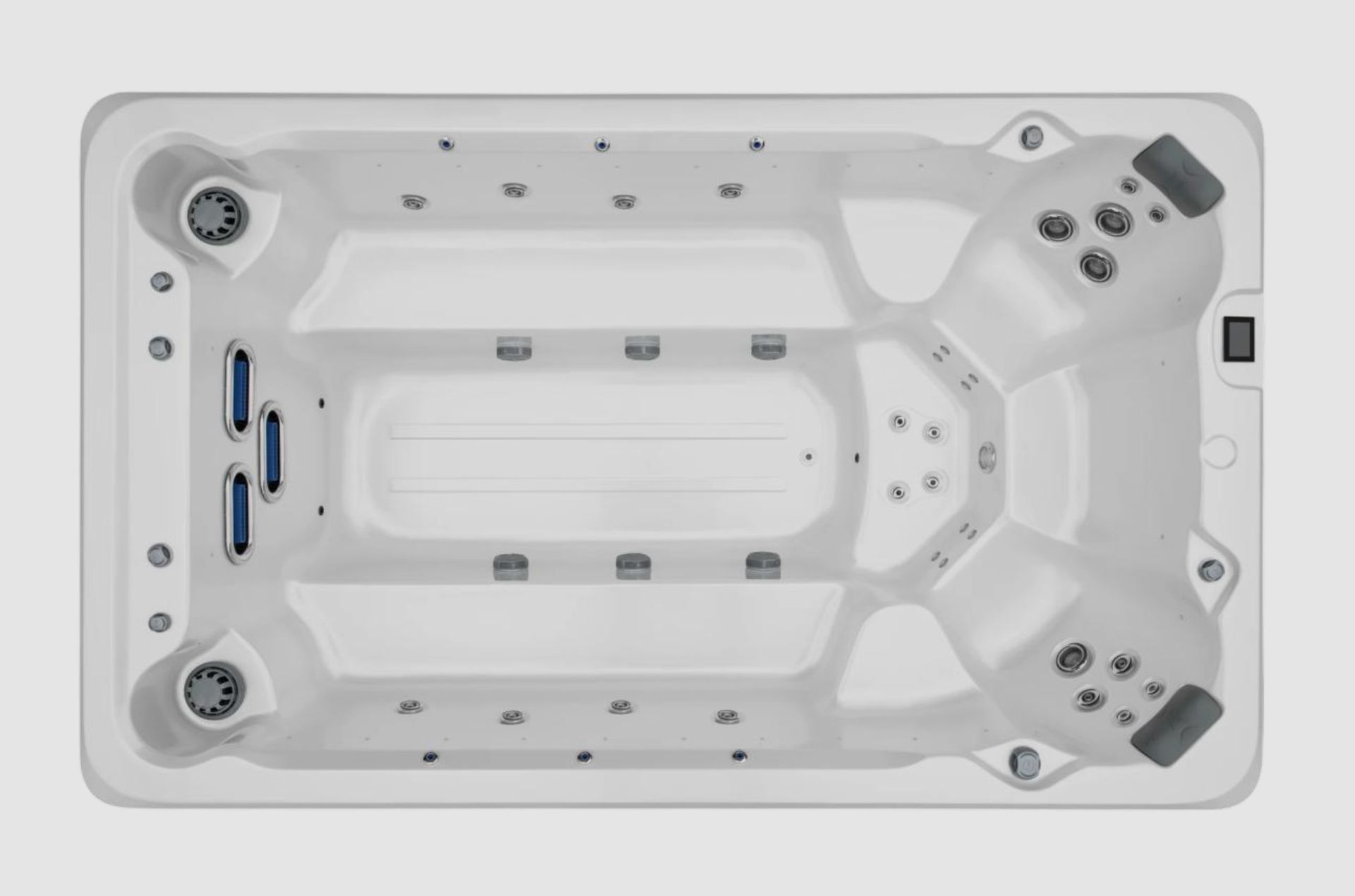 Overhead view of a rectangular white hot tub with multiple seats, jets, and control panel.