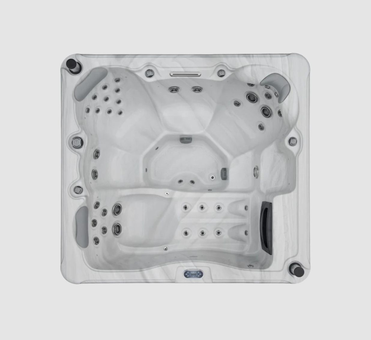 Overhead view of a gray square hot tub with multiple jet seating areas.