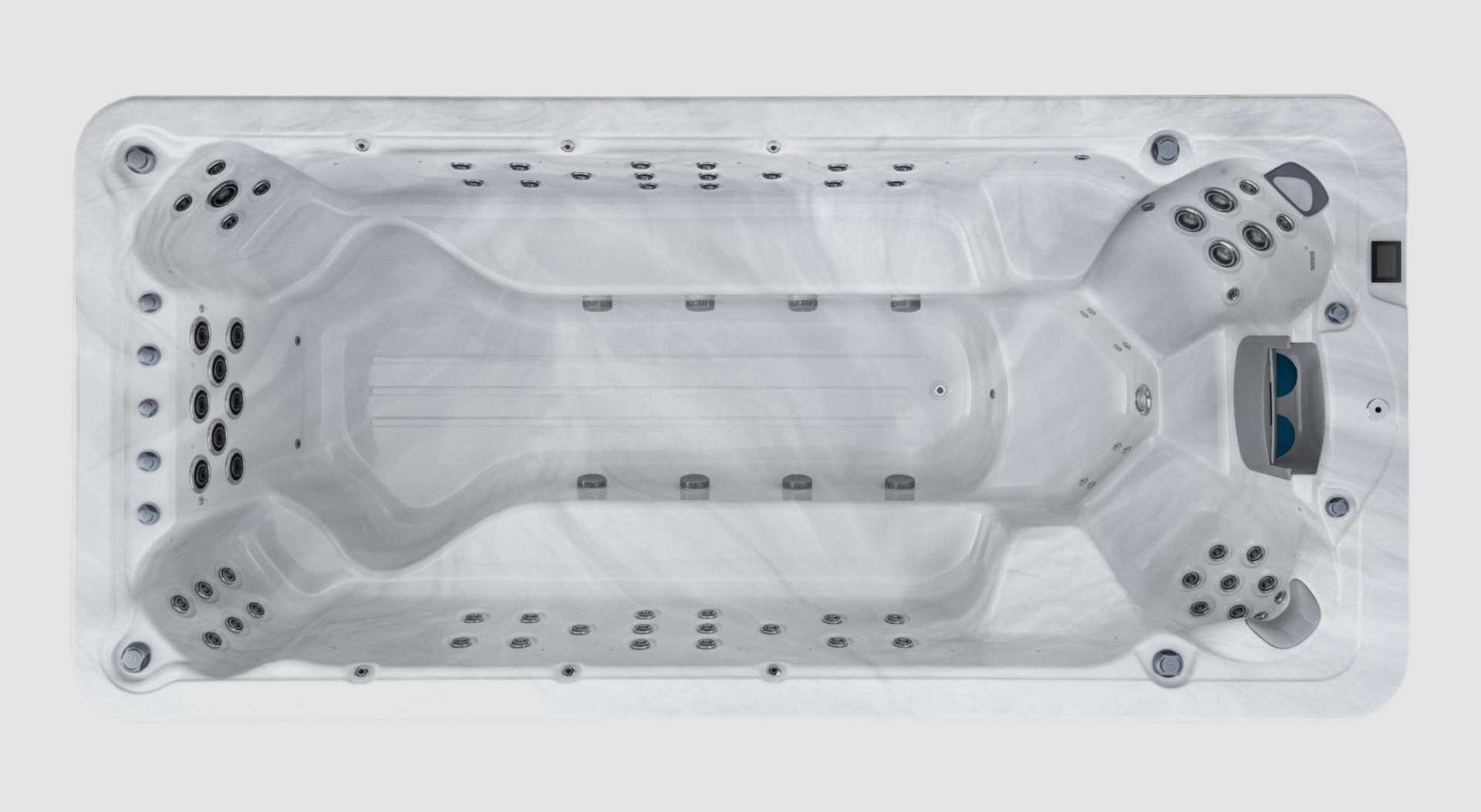 Overhead view of a rectangular, light gray swim spa with various jet seating areas.
