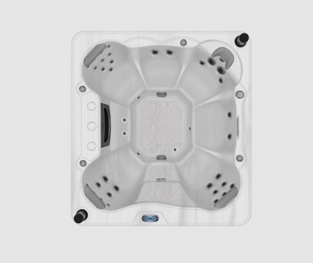 Overhead view of a light gray hot tub with multiple jet seats and a square, textured center.