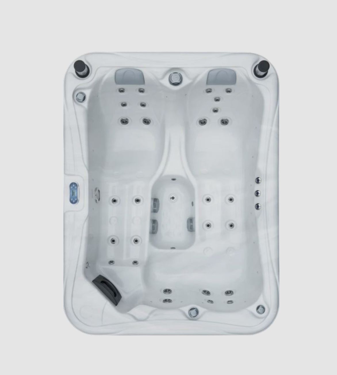 Overhead view of a white hot tub with multiple seats and jet nozzles.