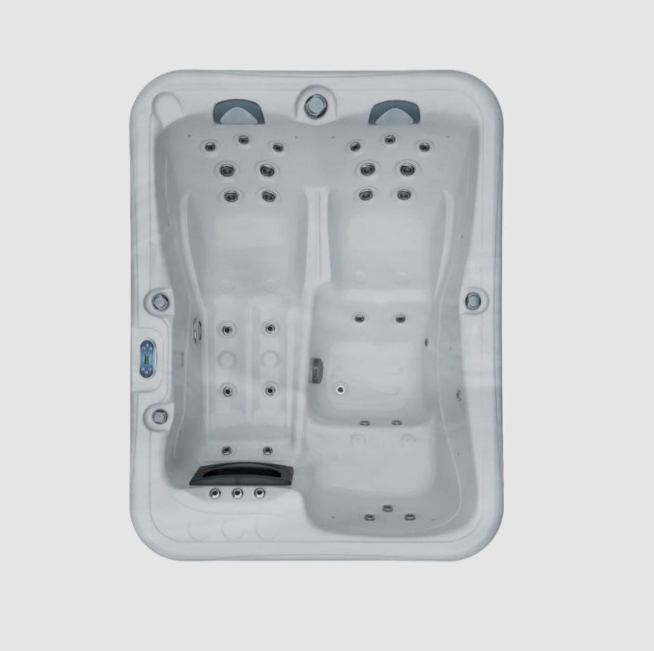 Top-down view of a rectangular, white hot tub with multiple jets, seats, and controls.