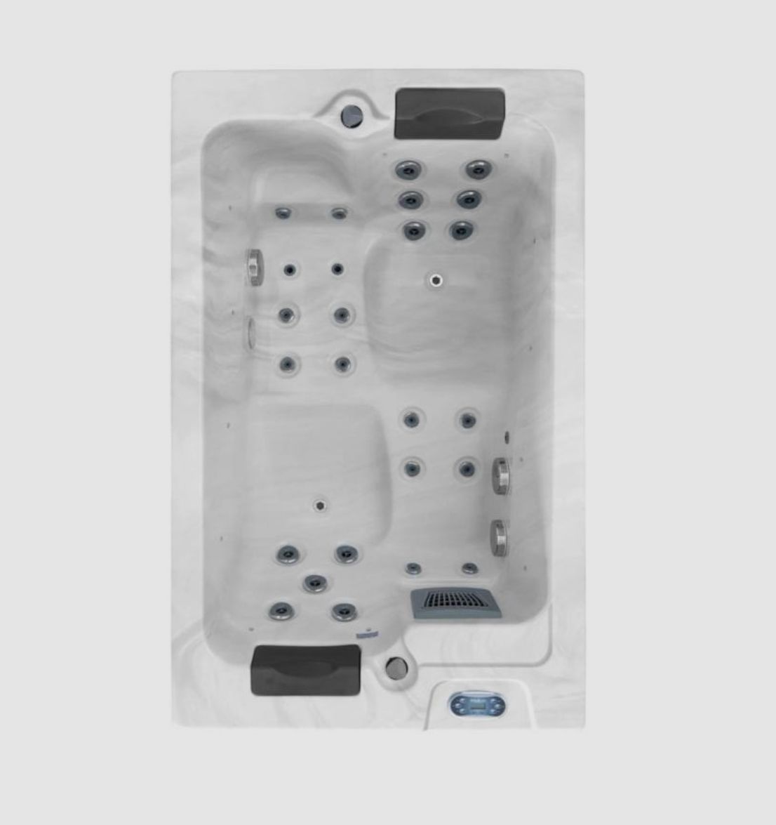 Top-down view of a rectangular, light-colored hot tub with multiple jet placements, two armrests, and a control panel.