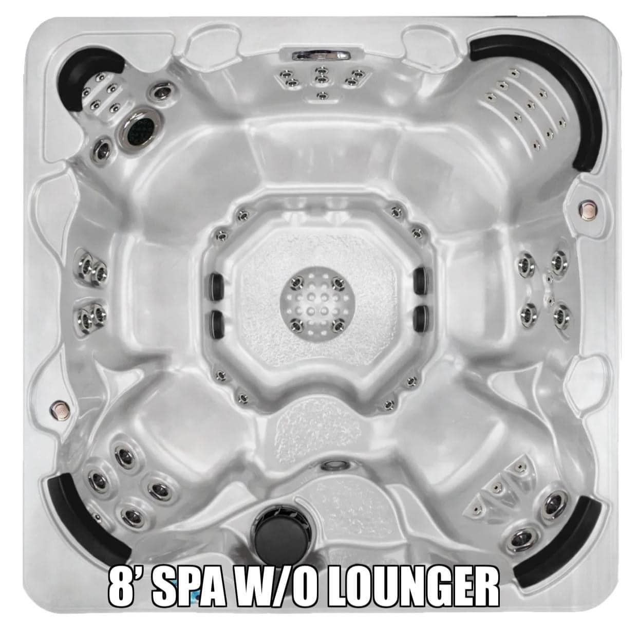 Overhead view of an 8-foot square spa with multiple jets and seating, no lounger. Grey interior, black trim.