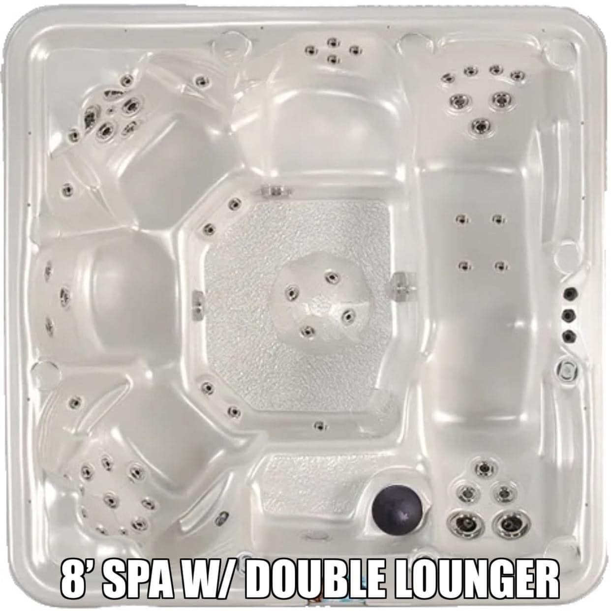 Overhead view of an 8’ spa with double lounger and multiple jet placements. White interior.