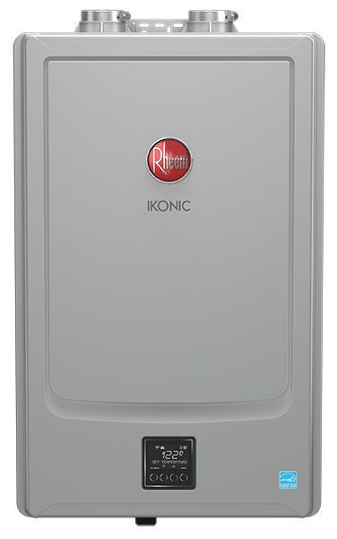 Rheem tankless water heater, gray with a red logo and digital display. Mounted outdoors.