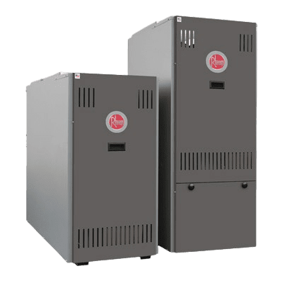 Two gray Rheem furnaces. One is tall and narrow, the other is shorter and wider.