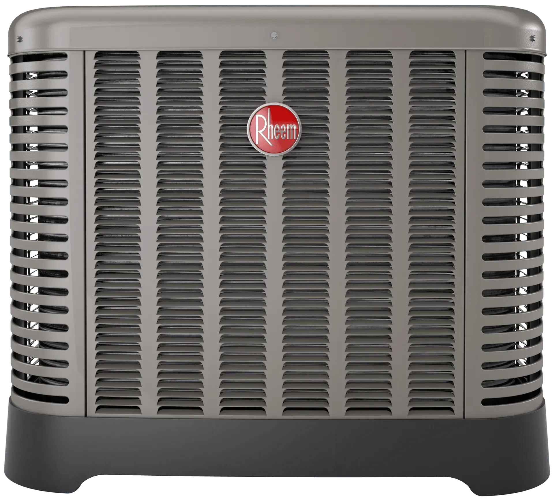Rheem air conditioner unit with a dark gray exterior and the brand's red logo in the center.