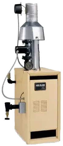 Tan oil furnace with a vertical flue, various pipes, and control panel.
