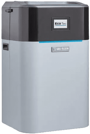 Gray and black water heater with the brand name Eco Tec.