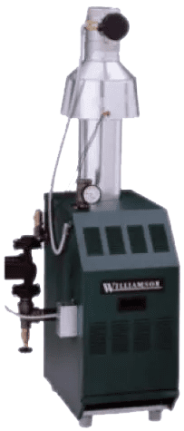 Dark green Williamson furnace with chimney.