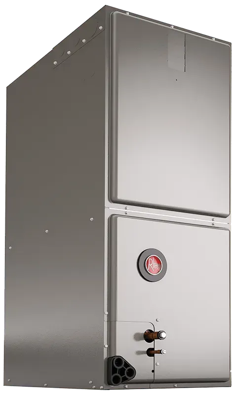 Gray HVAC unit with red and black circular components, in a room.