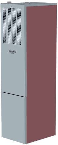 A tall, vertical furnace with a gray front, a red side, and ventilation grilles.
