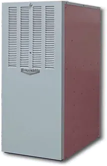 Upright, metallic furnace unit with a white front and red side panels.