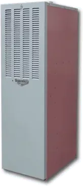 A tall gray and red HVAC unit, with a vented front panel.