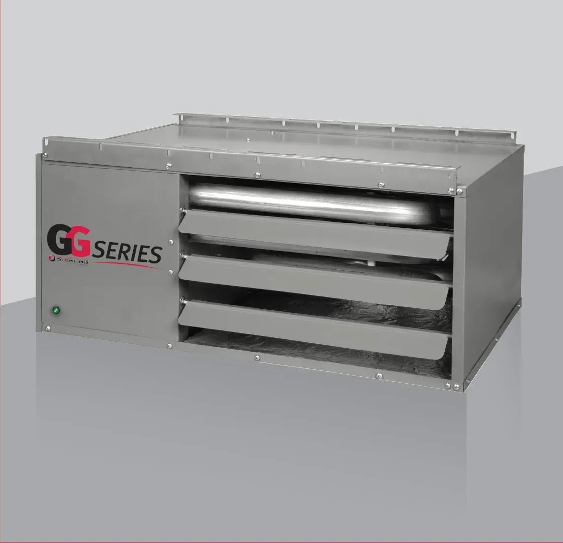 Gray industrial GG Series heater with vents and a round tube.