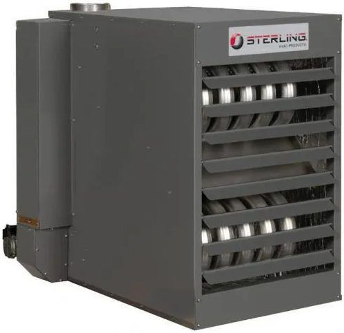 Gray industrial gas heater with Sterling nameplate and horizontal louvers.