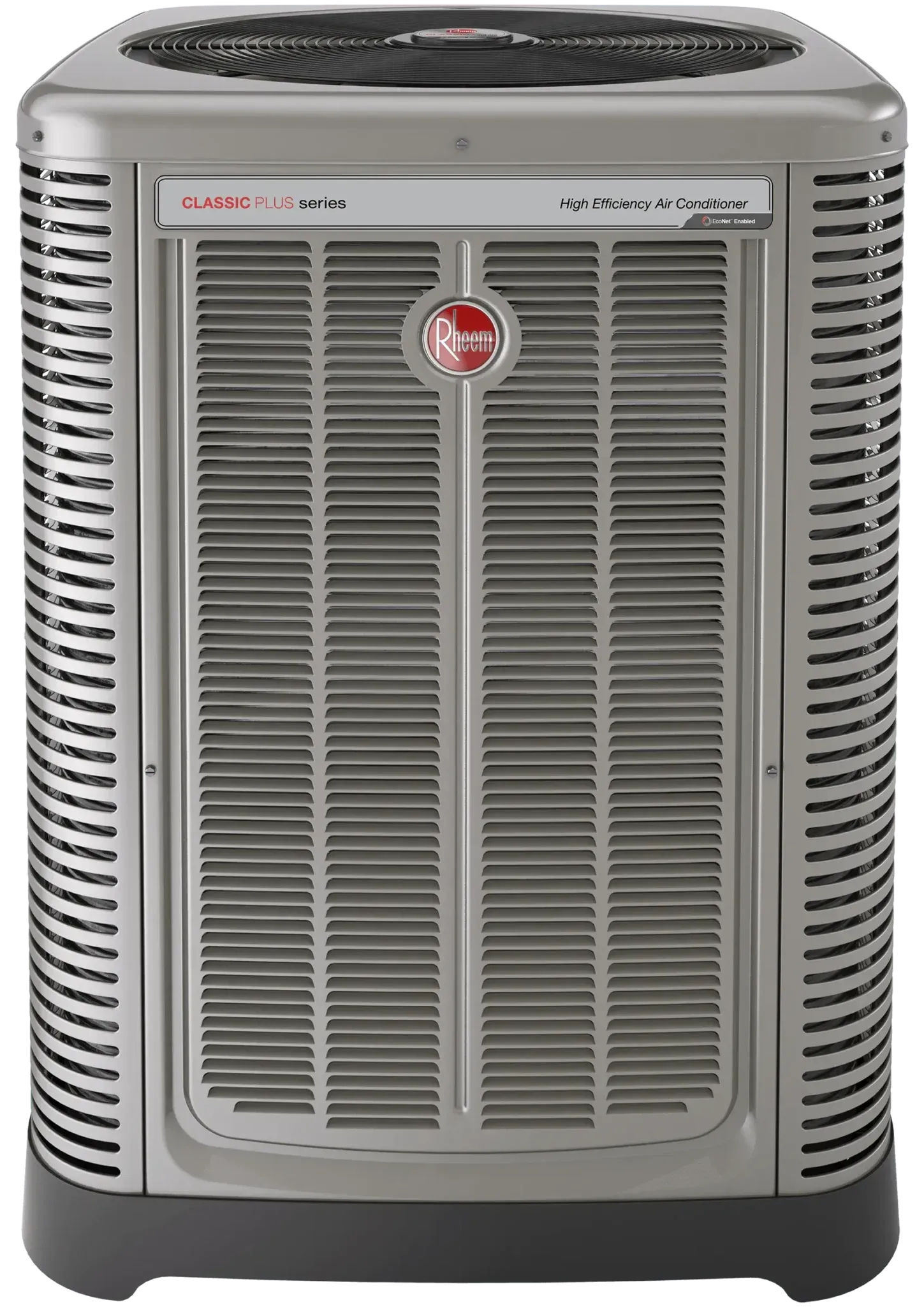 Silver Rheem air conditioning unit.