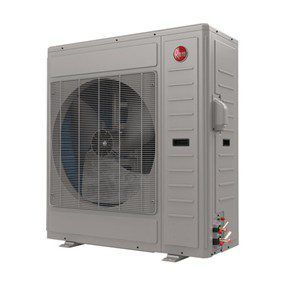Gray Rheem heat pump unit with a large fan and plumbing connections.