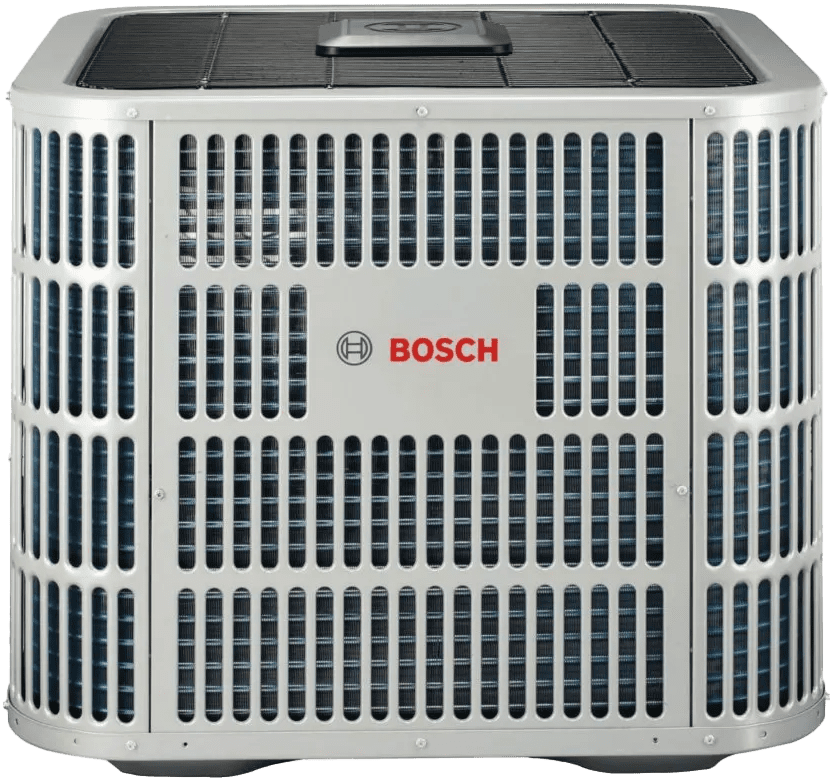 Bosch air conditioning unit, silver with a black top, set outdoors.