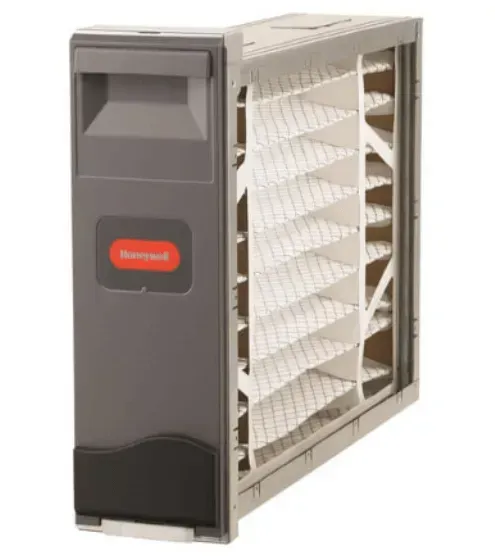 Gray Honeywell air filter unit, with a red logo, revealing accordion-style pleated filter.