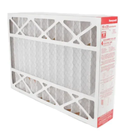 White Honeywell air filter with a corrugated design, suitable for a furnace or air conditioner.