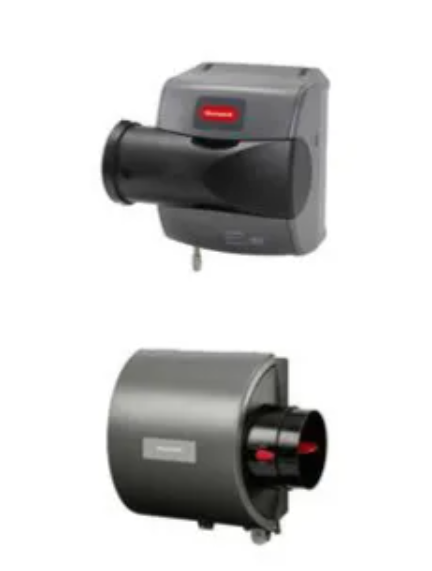 Two gray Honeywell humidifiers, one top view, one side view, with black ducts.