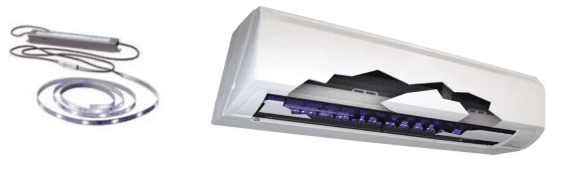 Air conditioner with purple lights, and a separate strip of lights and power supply.