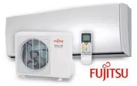 Fujitsu air conditioner system with indoor and outdoor units, and a remote control.