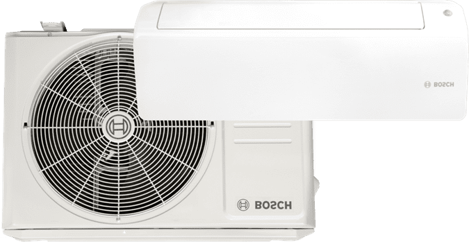White Bosch mini-split air conditioning system, outdoor compressor unit and indoor wall-mounted air handler.
