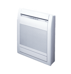 White floor-standing air conditioner with a slatted front panel and control panel on top.