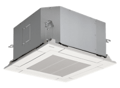 Square, ceiling-mounted air conditioner unit with white grill and gray housing.