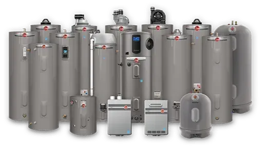 Group of various Rheem brand water heaters.