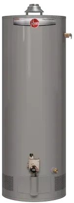 A gray Rheem water heater.