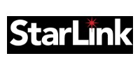 Starlink logo in white text on a black background with a red starburst over the “i”