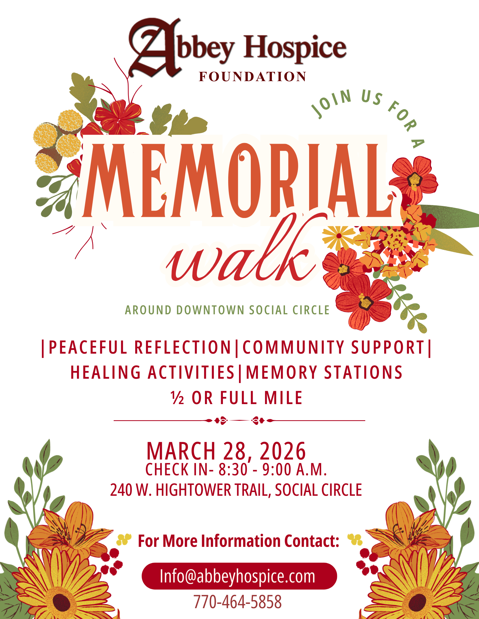 Click here to view our interactive magazine. Memorial walk flyer for Abbey Hospice Foundation on March 28, 2026, in Social Circle. Features a floral design.