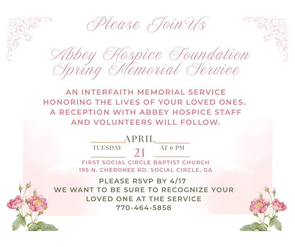 Pink-themed flyer for an Abbey Hospice Foundation spring memorial service on Tuesday, April 21st, at 6 PM in Social Circle.