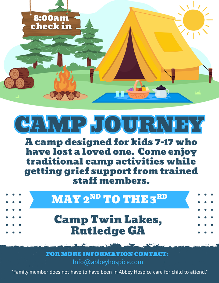 Camp Journey summer camp flyer with yellow tent, campfire, and event dates at Camp Twin Lakes, Rutledge GA