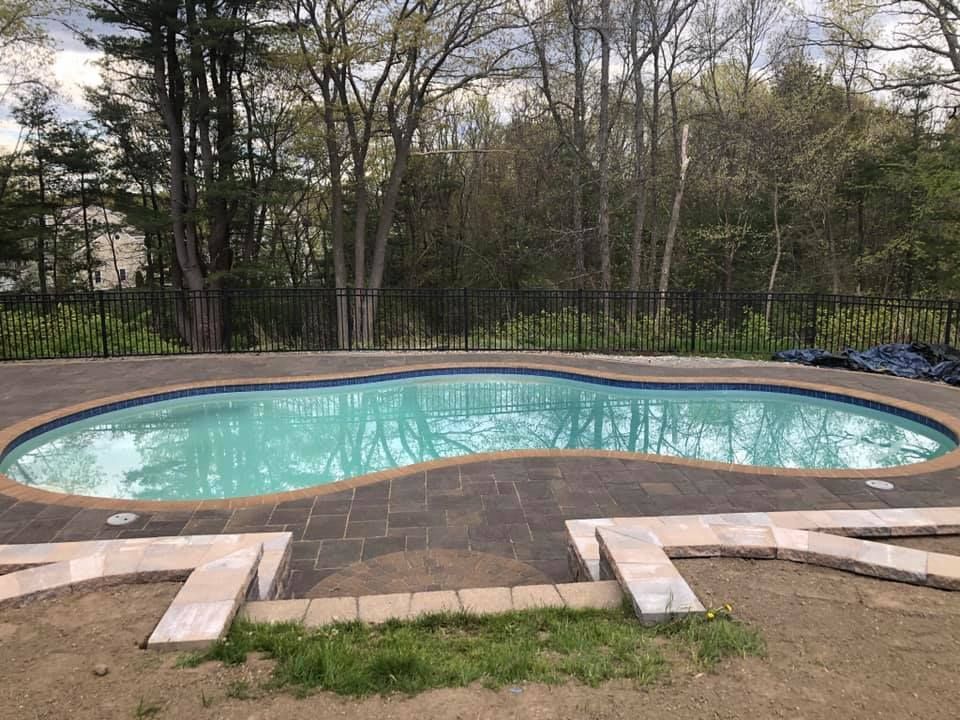 Empty oval backyard swimming pool surrounded by stone patio and trees