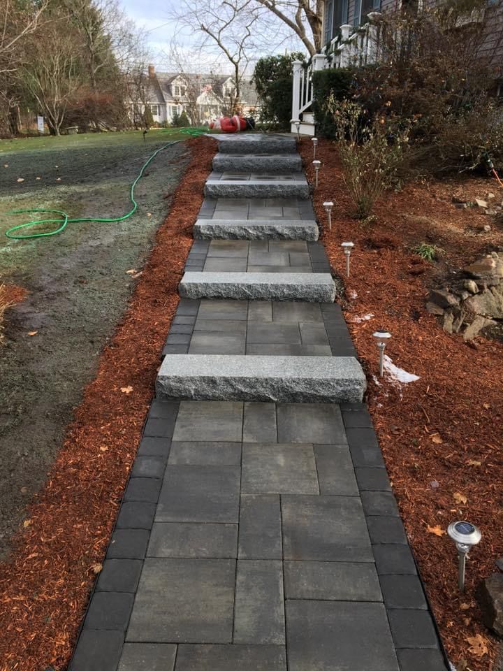 Stone garden path with steps and pavers, bordered by red mulch and bare trees in a yard