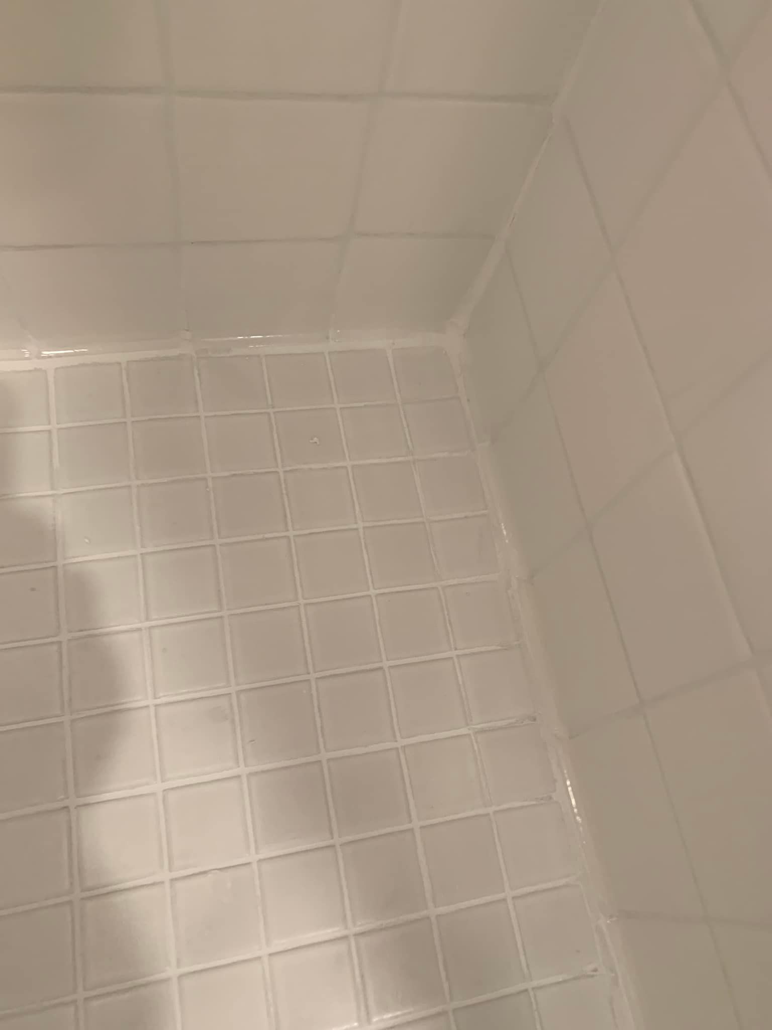 White tiled shower corner, caulk visible in joints.