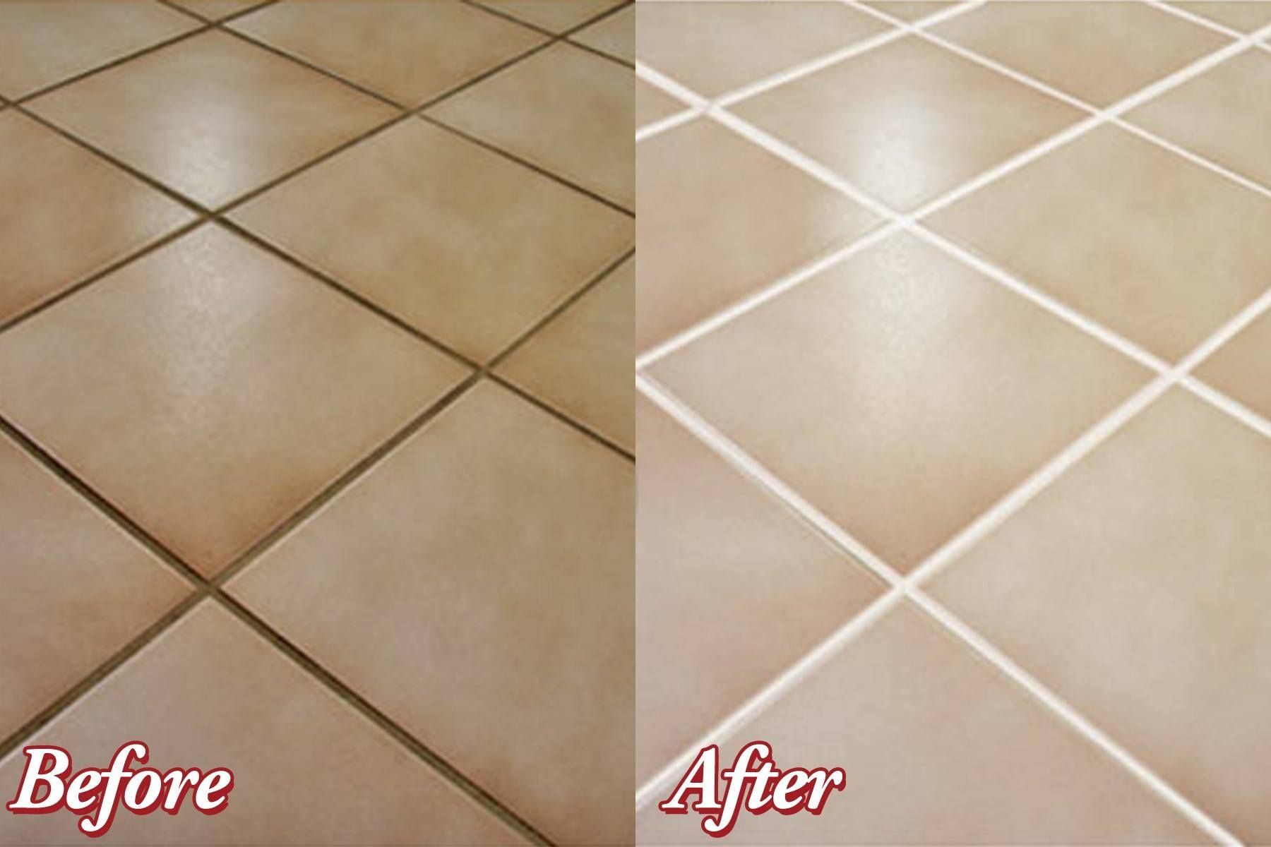 Before and after tile cleaning; dirty grout becomes bright white, revealing clean, tan tiles.