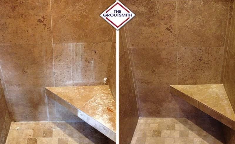 Before and after shower cleaning. Brown stone walls and shelf.