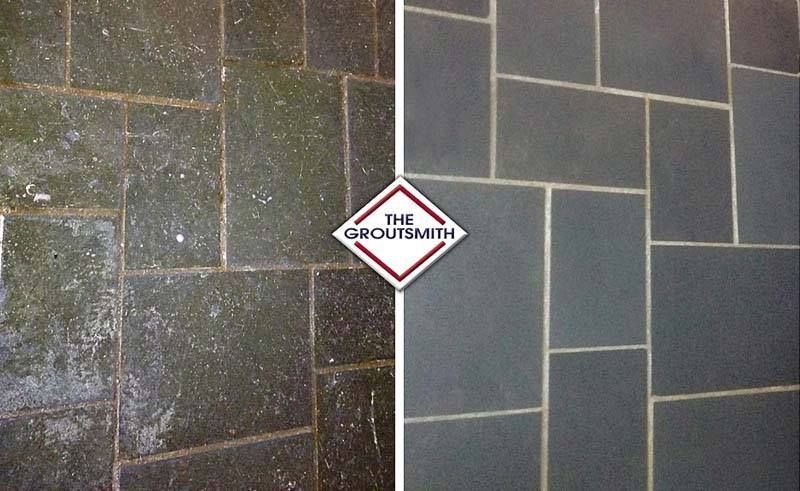 Before-and-after of dark tile and grout cleaning. 