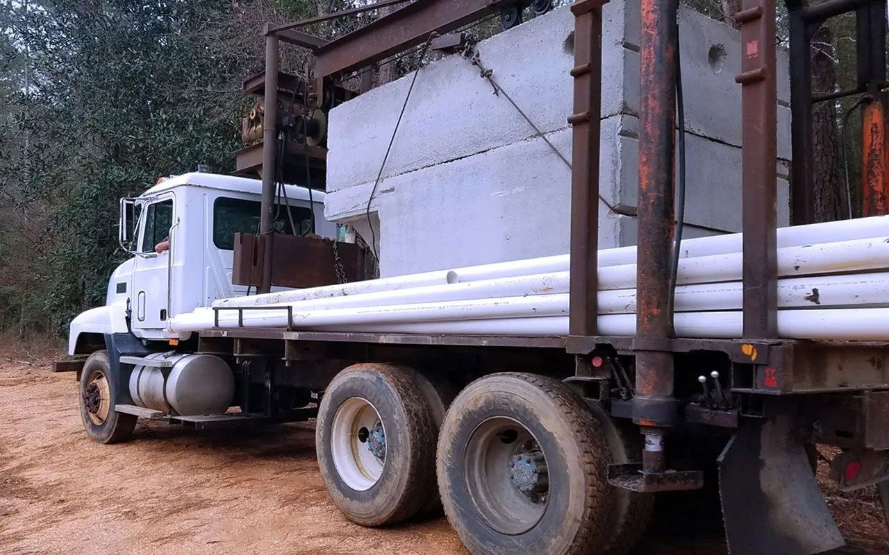 White truck hauling concrete blocks and white pipes on a dirt road in a wooded area.