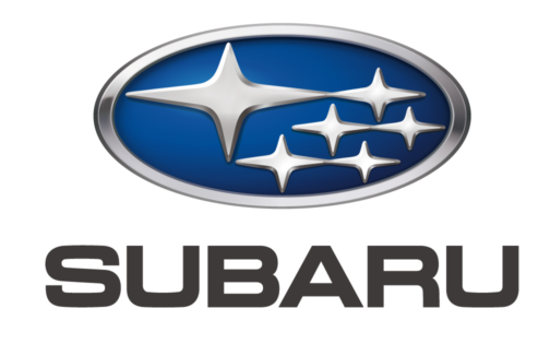 The subaru logo is blue and silver and has three stars on it.
