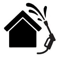 Black silhouette of a house being sprayed with water from a pressure washer.