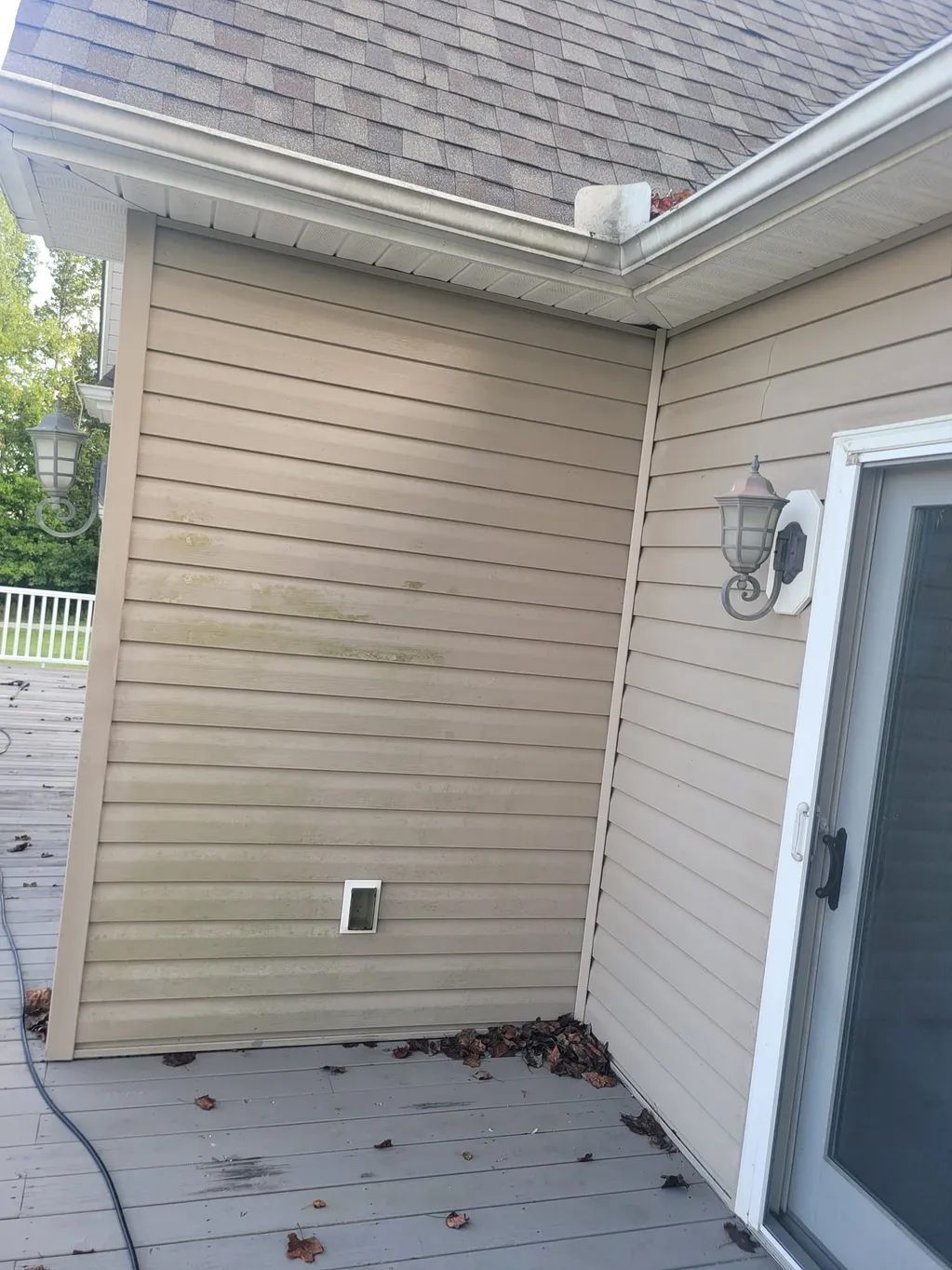 Tan vinyl siding on a house exterior, with algae growth; beside a deck and sliding door.