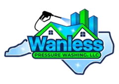 Logo for Wanless Pressure Washing, LLC in North Carolina. Features a pressure washer over a house and buildings.